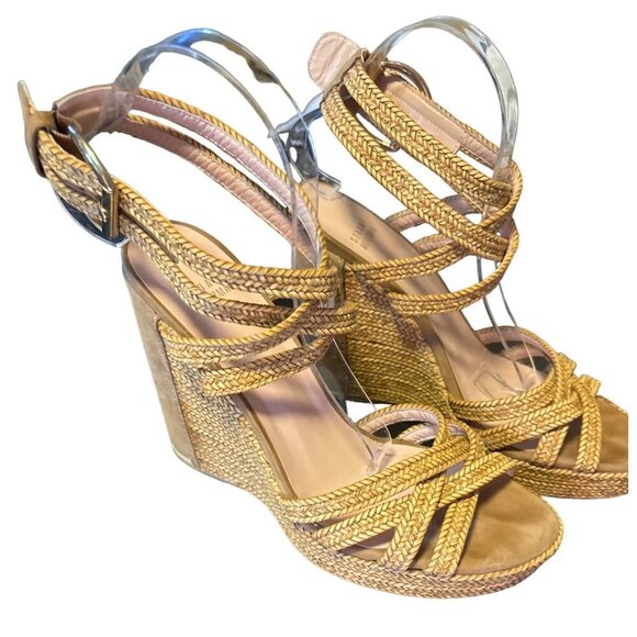Stuart Weitzman Reins Camel Braided Leather Trim Strappy Wedge Sandals Sz 9 - Picture 1 of 11